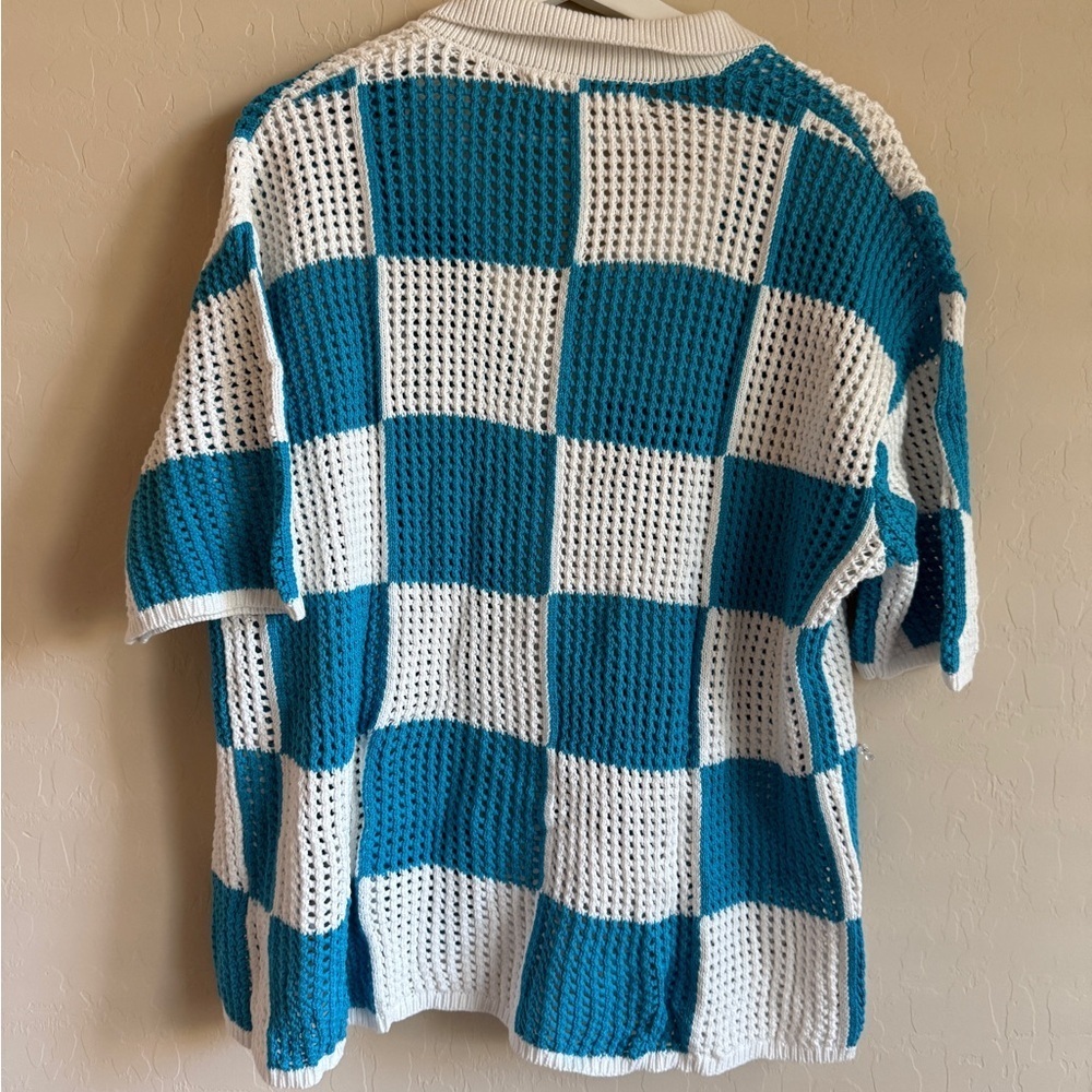 Milkwear Crochet Unisex Checkered Knot Polo Button Down Shirt Blue White XLarge - Picture 8 of 8